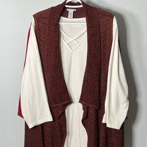 Catherine's Brick-Red Sweater Cardigan over Ivory Criss-Cross Blouse SZ 3X
